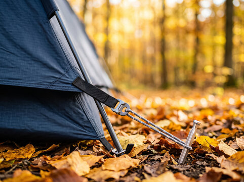 tourist tent secured with a peg in the autumn forest among fallen leaves modern blue tent installed in nature on a sunny golden autumn day
