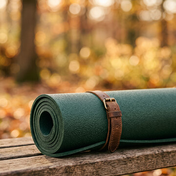 green yoga mat with strap lying on wooden bench in autumn park against blurred golden background expressing concept of meditation gymnastics and outdoor fitness