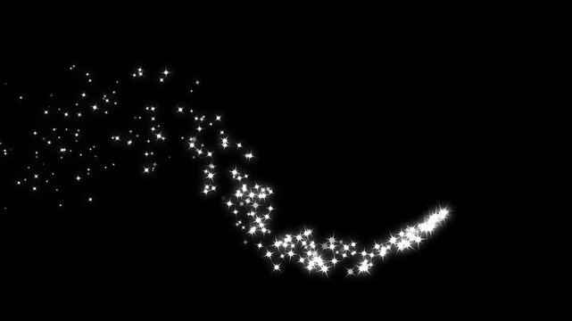 Shimmering fairy powder spirals across the frame while tiny radiant stars flicker and burst, creating an elegant enchanted ribbon of light for fantasy scenes. black background. 4k video