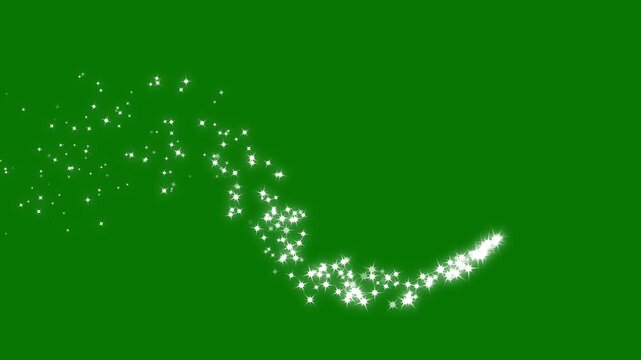 Shimmering fairy powder spirals across the frame while tiny radiant stars flicker and burst, creating an elegant enchanted ribbon of light for fantasy scenes. green background. 4k video