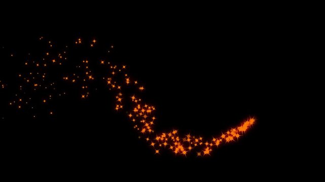 Whimsical starlets emerge from a radiant particle ribbon, sweeping forward with luminous dust and crisp white flashes, perfect for fantasy reveals and transitions. black background. 4k video