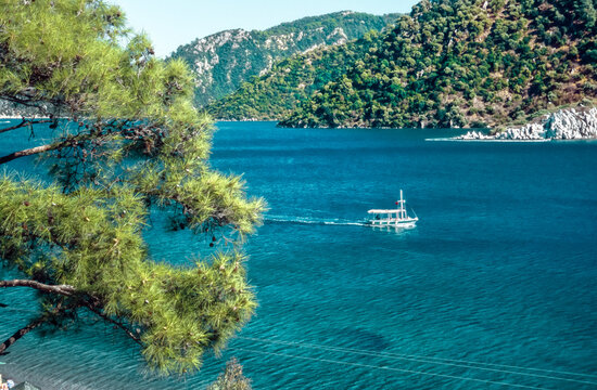 Historisches Farbfoto einer Meeresbucht mit Boot und Nadelb&auml;umen im Vordergrund in der N&auml;he von Marmaris, Westt&uuml;rkei, 13.Mai 2003