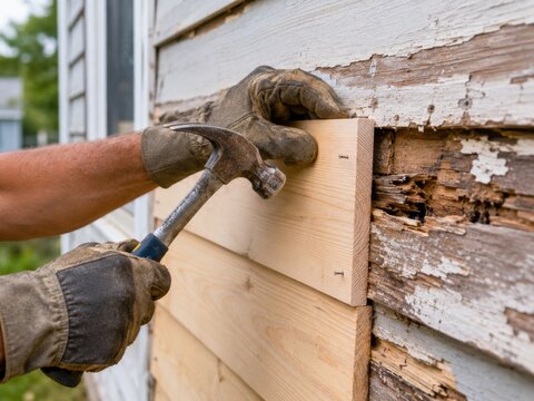 A close-up view showing a worker in gloves using a hammer to nail a new wooden plank onto a wall.
