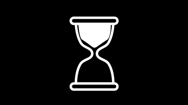 Animated white outline of an hourglass on a black background, depicting time passing with falling sand.