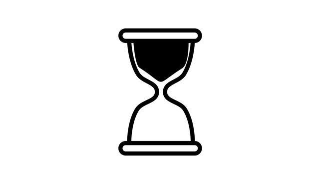 Animated black outline of an hourglass on a white background, illustrating the concept of time passing with falling sand.
