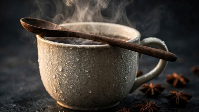 Moody Cup of Hot Coffee Steam on Dark Surface