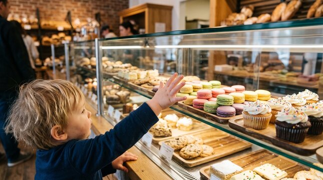 Bakery Delights: A curious toddler reaches out towards a tempting display of colorful macarons and frosted cupcakes in a charming bakery, surrounded by an array of freshly baked goods.
