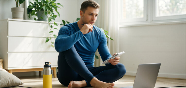 Man meditating or planning wellness goals while working on a laptop, everyday fitness concept.