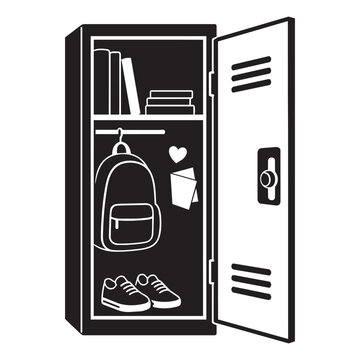 Black and white vector illustration of an open school locker with backpack, books, sneakers, and accessories