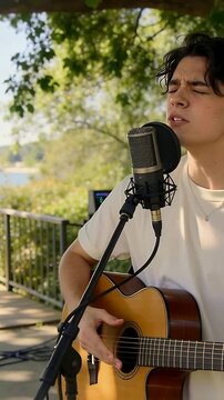 Vertical video: First chord starting guitarist in white T singing on park with mic laptop recording