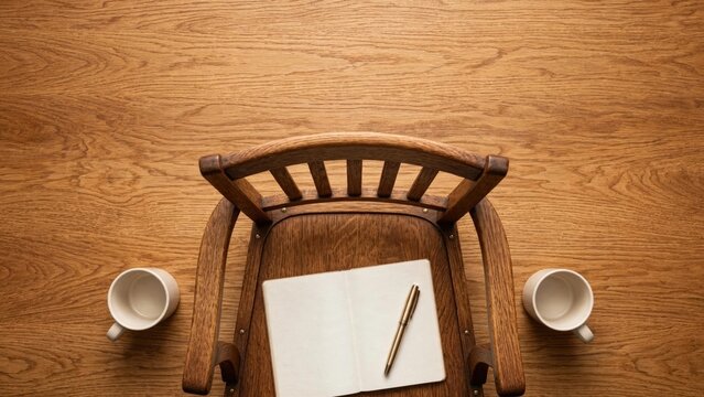 Rustic Writing Setup: Notebook, Pen, and Chair on Wood Table