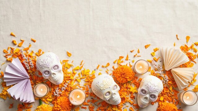 Skulls and Marigold Flowers Arrangement for Day of the Dead