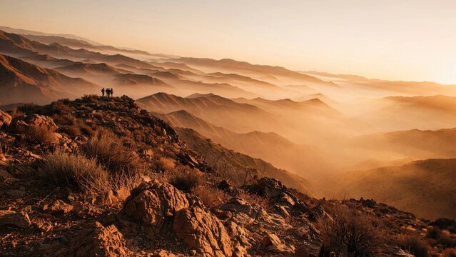 Serene sunrise over misty mountain ranges at golden hour