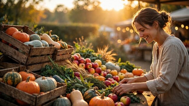 Smiling Woman Shopping for Fresh Harvest Goods at Market