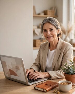 Smiling Professional Woman Working on Laptop at Wooden Desk