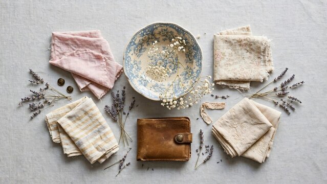 Rustic Still Life Flat Lay with Textiles, Plate, and Lavender