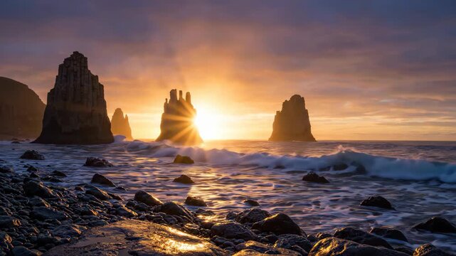 Sunset over ocean sea stacks with golden sun rays and crashing waves