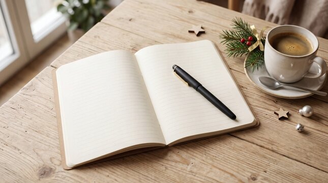 An open blank notebook with a pen rests on a rustic wooden table next to a cup of coffee and Christmas decorations, creating a cozy and reflective holiday scene.