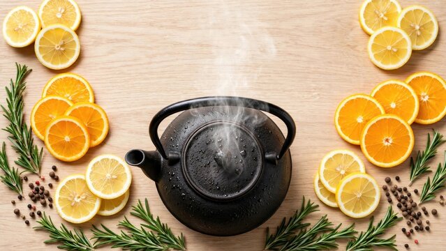 Steaming Teapot with Fresh Citrus Slices on Wood