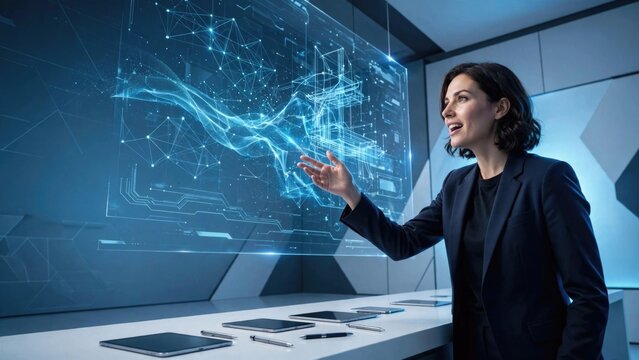 Woman Analyzing Holographic Data Visualization in Modern Office