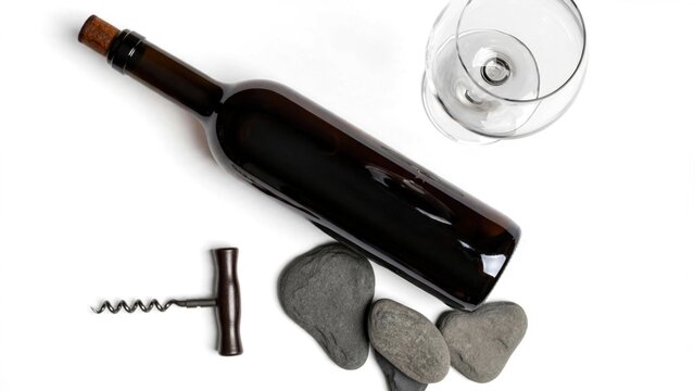 Wine Bottle and Glass with Natural River Stones Still Life