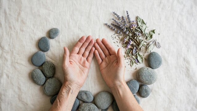 Wellness Ritual: Hands, Stones, and Dried Lavender for Self-Care
