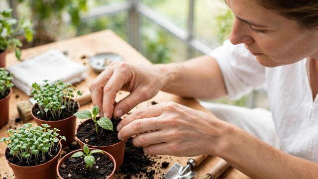 Woman Planting Seedlings and Gardening Indoors on Wood Surface