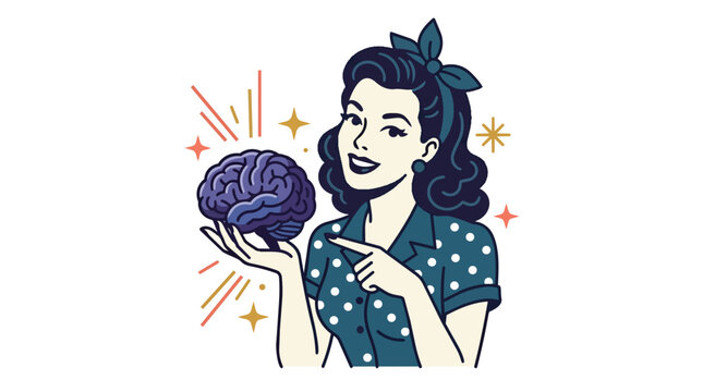 Human brain anatomy and mental health awareness retro woman in a vintage pop art vector for psychology education