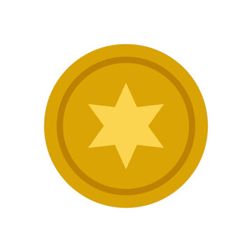 Flat vector illustration of a shiny gold coin showing heads and tails for making a choice, isolated on white background