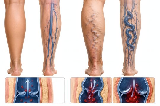 Medical illustration comparing healthy leg veins with varicose veins, showing dilated vessels, incompetent valves and reversed blood flow in the lower leg.