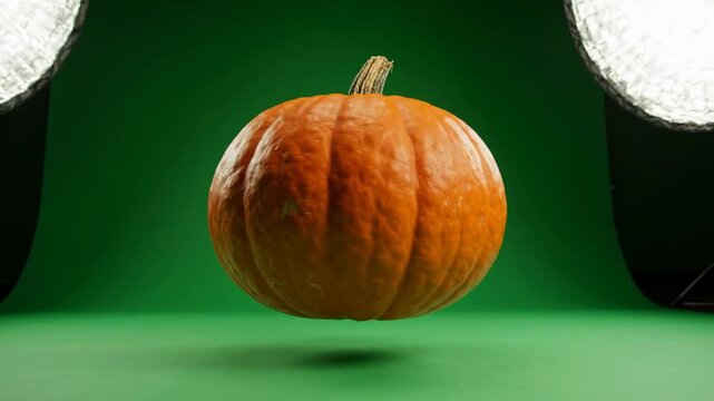 Floating orange pumpkin on green background