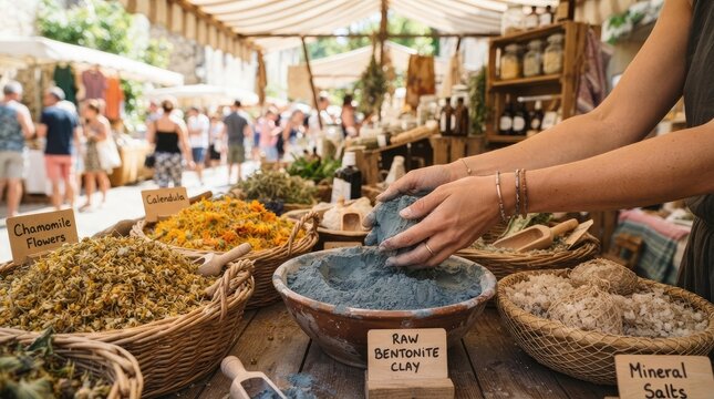 Rustic Market Display of Natural Herbs, Clays, and Salts