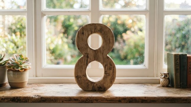 Rustic Wooden Numeral 8 Counting Block on Natural Surface
