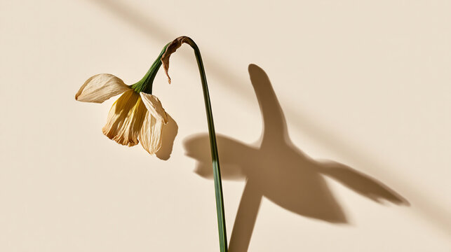 Wilted flower casting shadow on wall