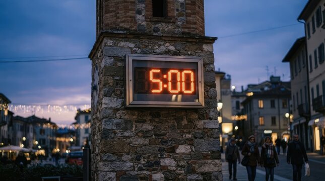 Vintage clock face on historic stone pillar at twilight