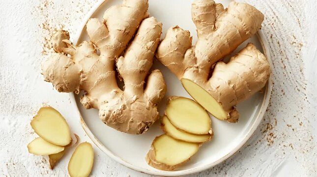 Fresh ginger root on a white plate showcasing sliced and whole pieces of this aromatic spice perfect for culinary uses health concepts or natural ingredient imagery