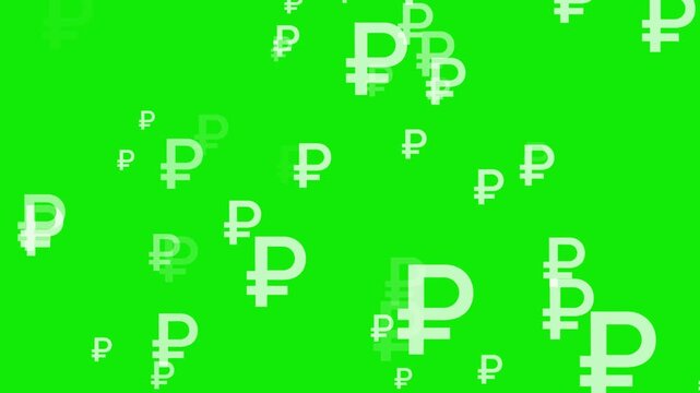 Animation of the Russian ruble currency moving rapidly, a collection of Russian ruble symbols with a zoom effect, business and revenue concept, green background, 4K video.