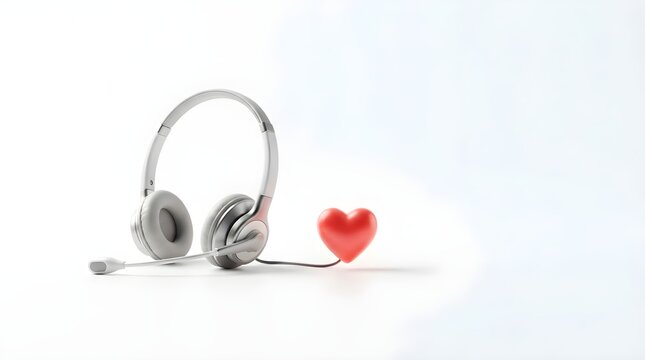 White Customer Support Headset Connected to Red Heart Symbolizing Compassionate Service, Care Helpline, and Empathy Concept with Copy Space