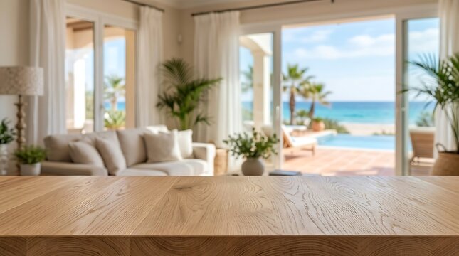 Empty Wooden Table Surface Background For Product Placement Mockup In Sunny Luxury Mediterranean Villa Sea View Room.
