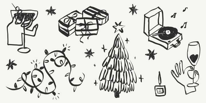 Whimsical Christmas party doodles featuring quirky icons of wine, tree, gift and xmas crayon elements in charming vintage style for holiday greeting cards. Vector illustration.