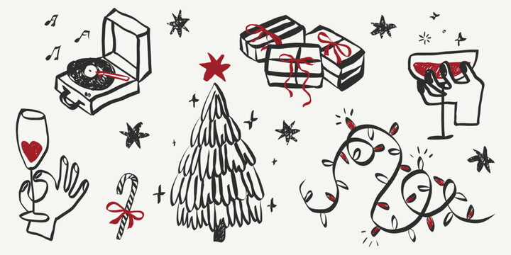 Whimsical Christmas party doodles featuring quirky icons of wine, tree, gift and xmas crayon elements in charming vintage style for holiday greeting cards. Vector illustration.