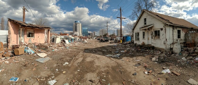 Dilapidated Homes and Debris - A Scene of Urban Decay and Neglect.