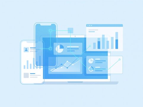 Data analysis dashboard on devices with charts and graphs vector illustration