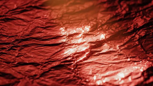 Shiny red foil texture with glowing highlights and crumpled surface. Perfect for luxury, wealth, premium, holiday and Christmas concepts