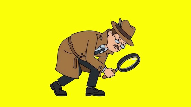 An expressive 2D flat style detective character in a brown coat and hat examining evidence with a large magnifying glass while speaking, set against a vibrant yellow studio backdrop. Perfect for crime
