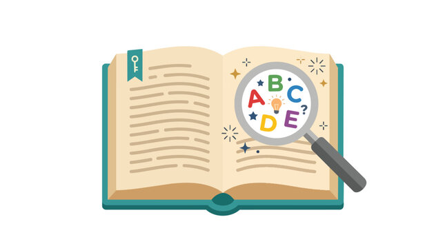 Alphabet learning book and magnifying glass with colorful letters in flat vector style for elementary education and literacy programs
