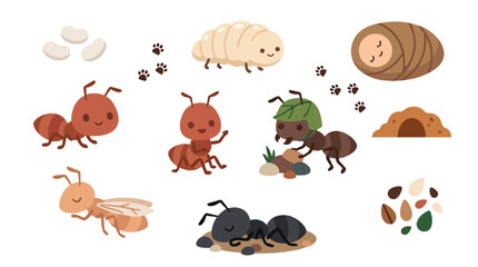Obraz premium Ant life cycle stages and social insect characters in cute kawaii flat vector for primary science education