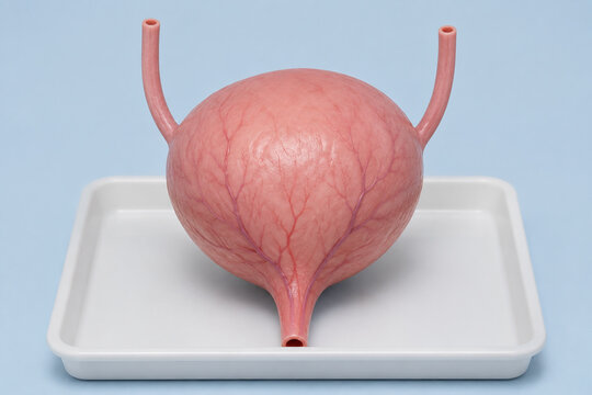 Anatomical model of urinary bladder on tray, medical education concept