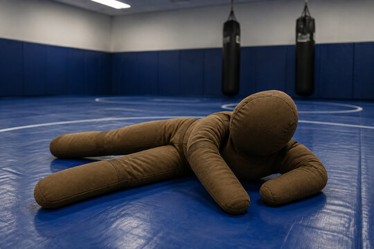 Grappling dummy on wrestling mat in training gym, martial arts and fitness concept