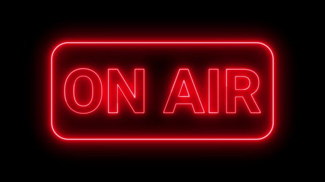 On air sign animated glowing red neon outline text with flicker effect loop on 4k black background